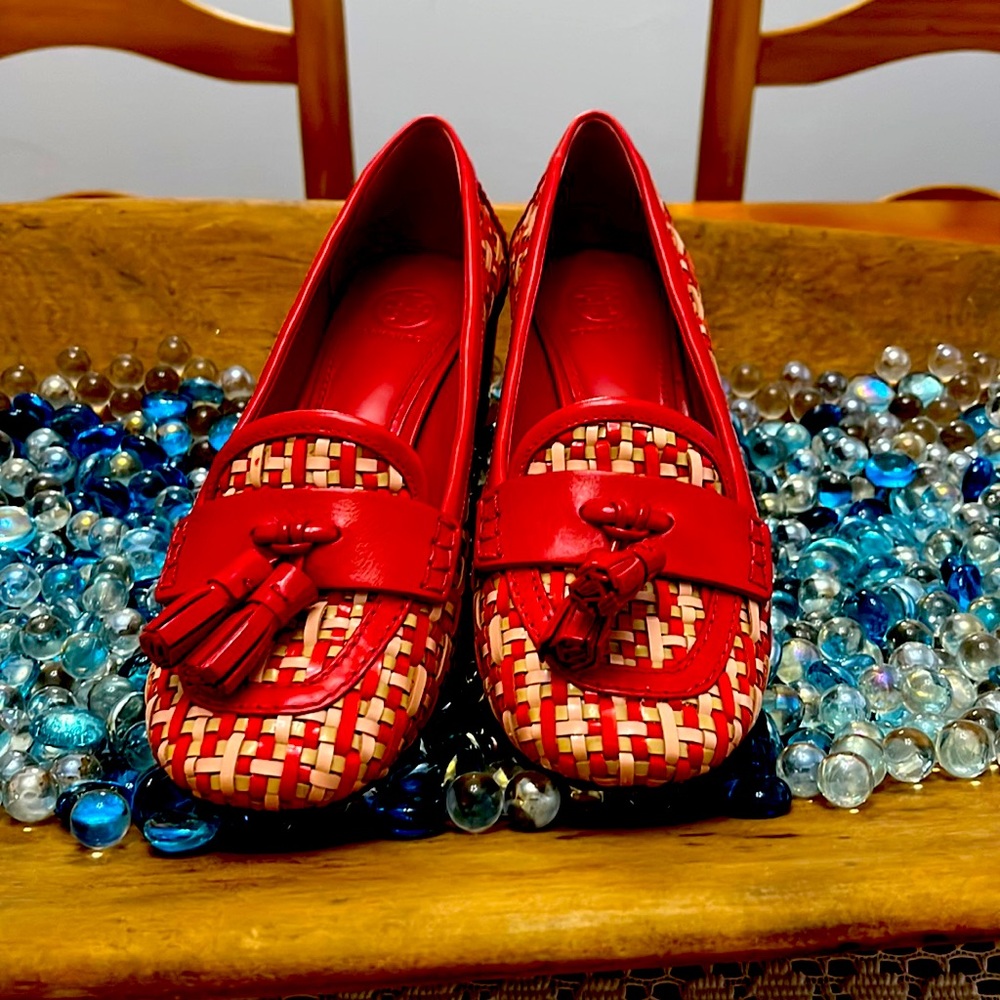 Tory Burch red and khaki heels.